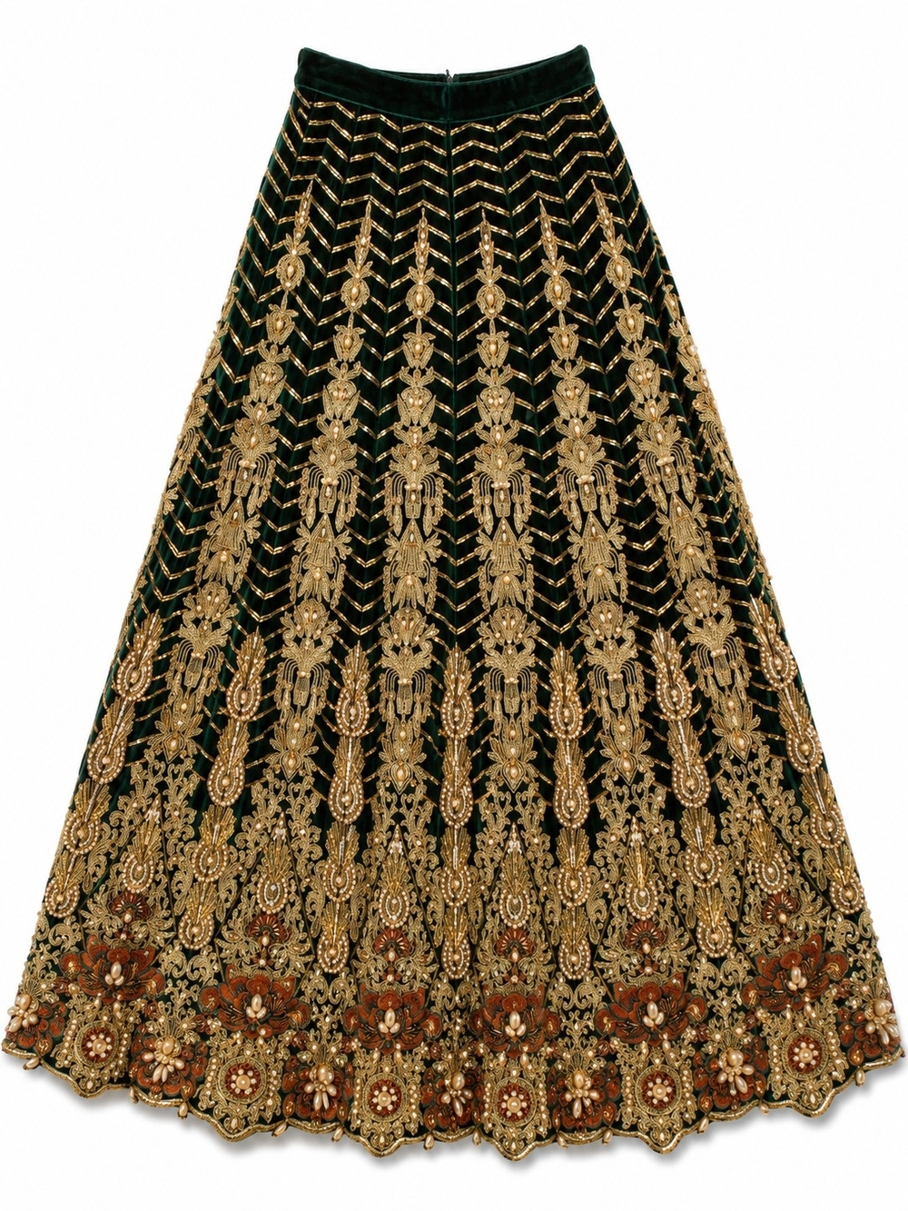 Vintage Indian Lehenga Skirt Forest Green Gold Zari Faux Pearl Embellished XXS